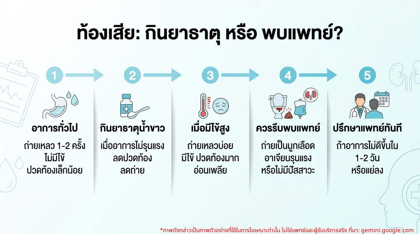 ตารางเปรียบเทียบอาการท้องเสียที่ควรกินยาธาตุน้ำขาว และเมื่อไหร่ที่ควรไปพบแพทย์