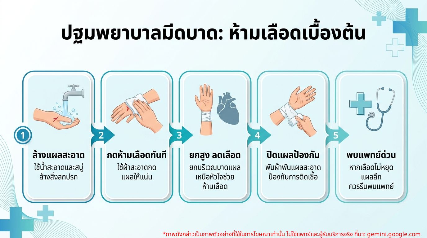 อินโฟกราฟิก: ขั้นตอนการปฐมพยาบาลเบื้องต้นเมื่อถูกมีดบาดและวิธีห้ามเลือด