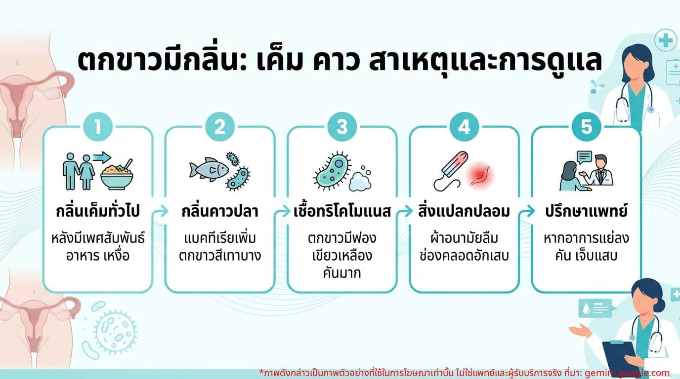 ตารางเปรียบเทียบอาการตกขาวมีกลิ่นเค็มและกลิ่นคาวปลาจากสาเหตุต่างๆ