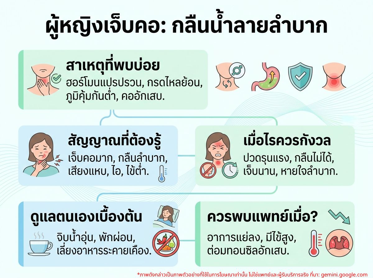 ผู้หญิงรู้สึกเจ็บคอ กลืนน้ำลายลำบาก กำลังพยายามกลืนน้ำลาย