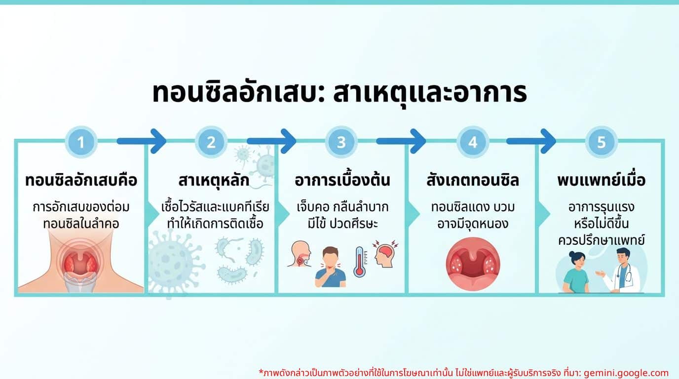 ภาพอินโฟกราฟิกแสดงความแตกต่างระหว่างลำคอปกติกับต่อมทอนซิลอักเสบ