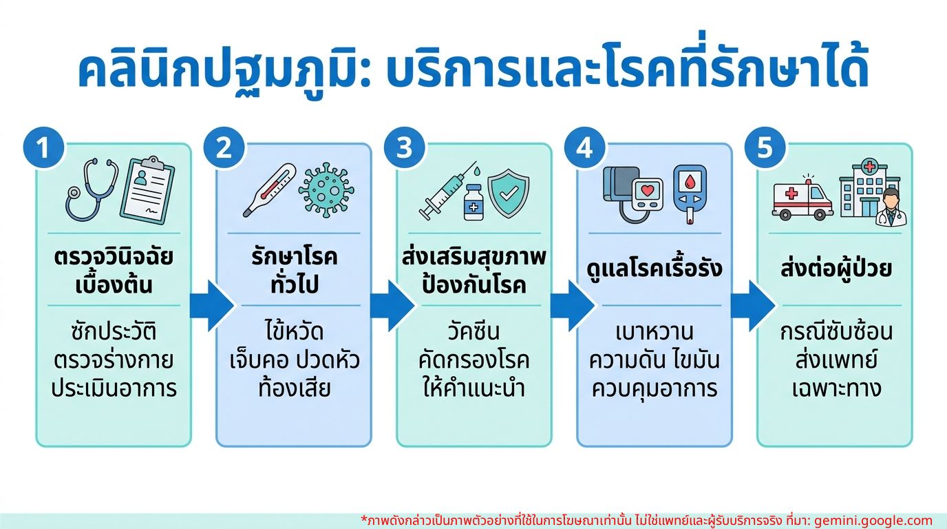 อินโฟกราฟิกแสดงบริการที่คลินิกปฐมภูมิและโรคที่รักษาได้