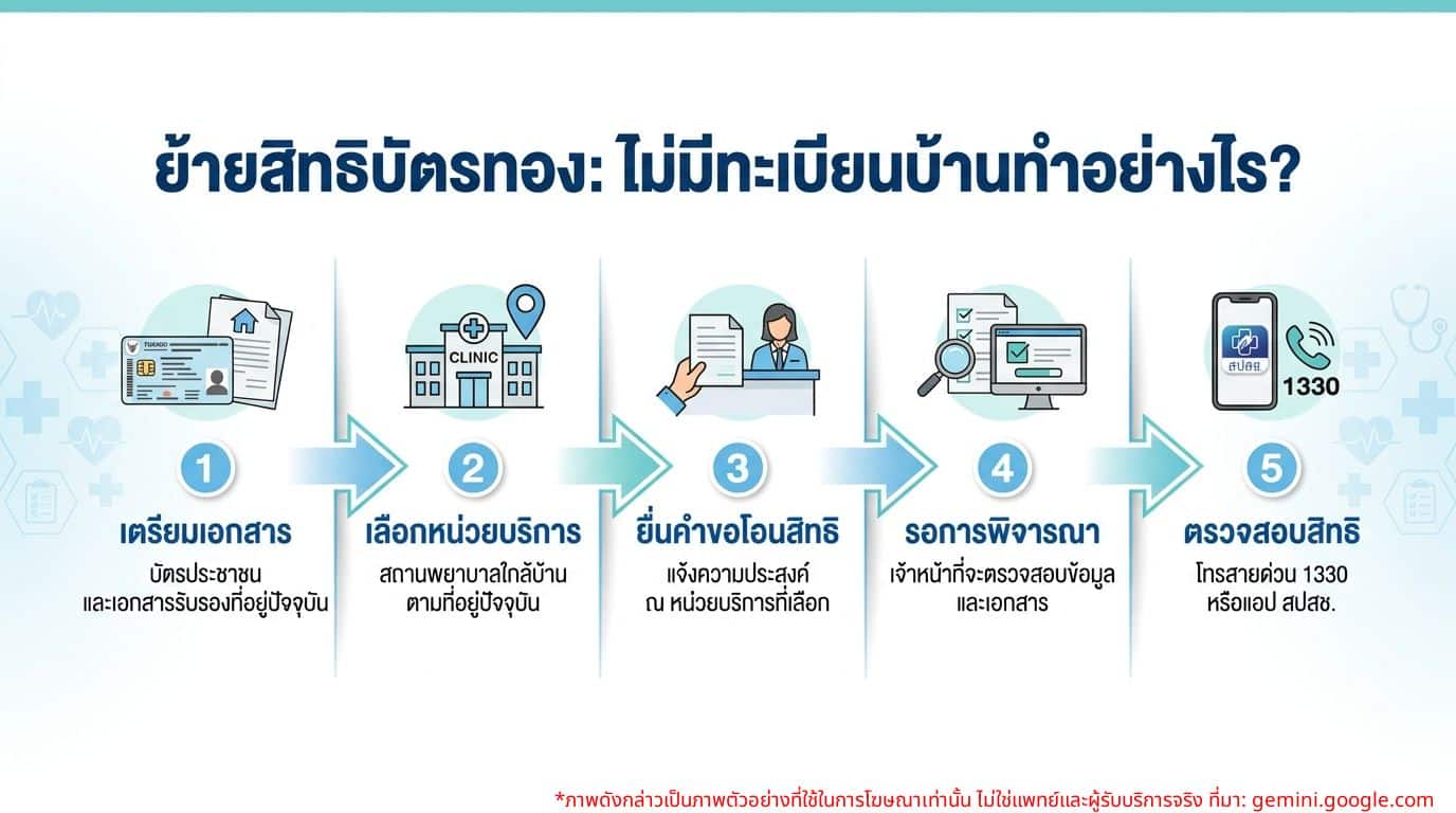 อินโฟกราฟิกขั้นตอนและเอกสารการย้ายสิทธิบัตรทองสำหรับผู้ไม่มีทะเบียนบ้าน