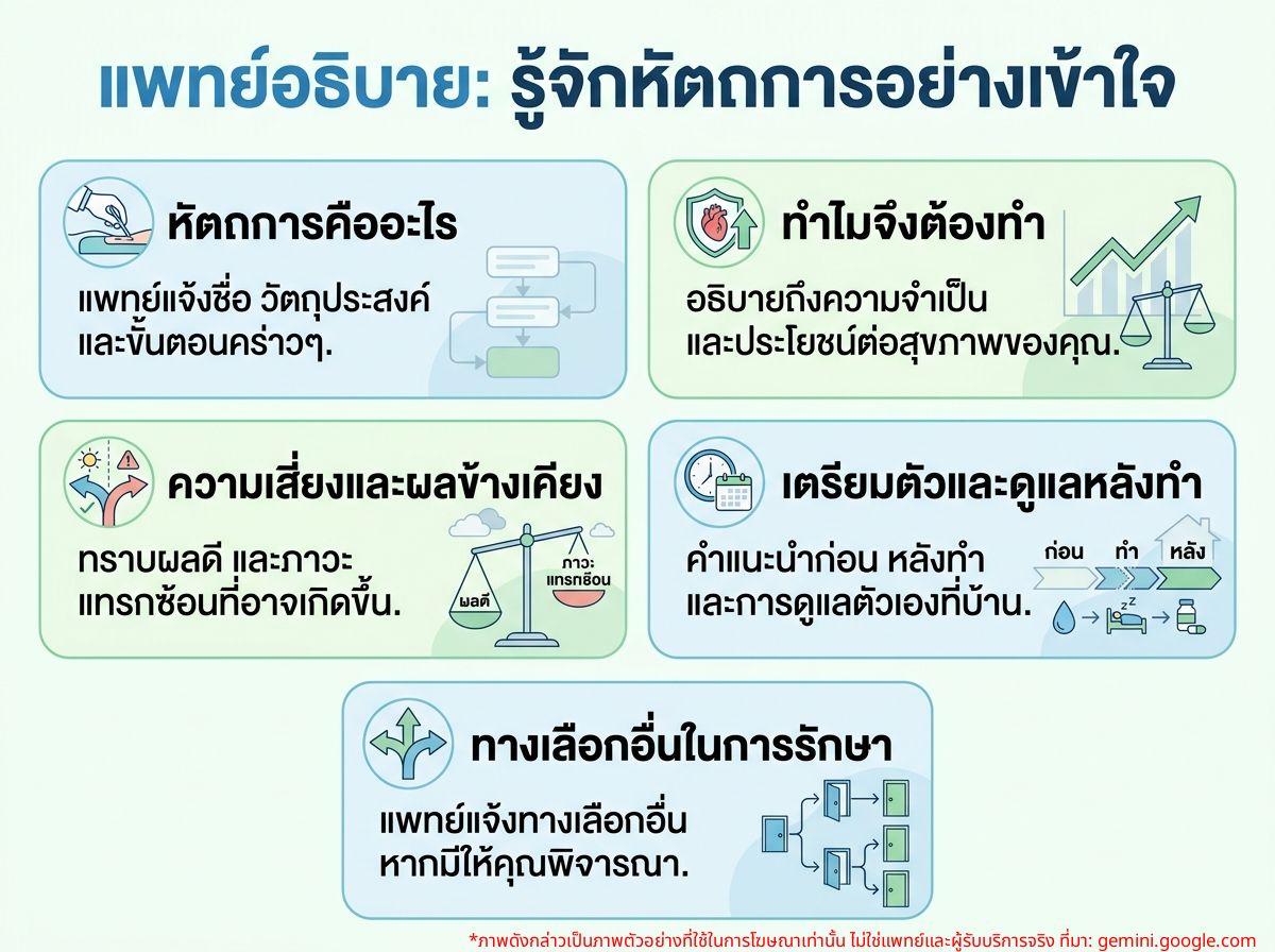 แพทย์กำลังอธิบายเกี่ยวกับหัตถการทางการแพทย์ให้ผู้ป่วยฟัง