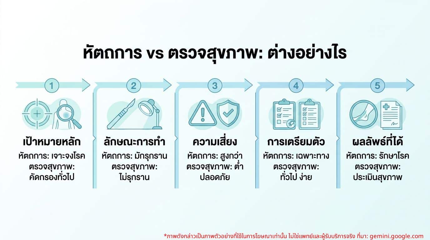 อินโฟกราฟิกเปรียบเทียบความแตกต่างระหว่างหัตถการทางการแพทย์และการตรวจสุขภาพทั่วไป