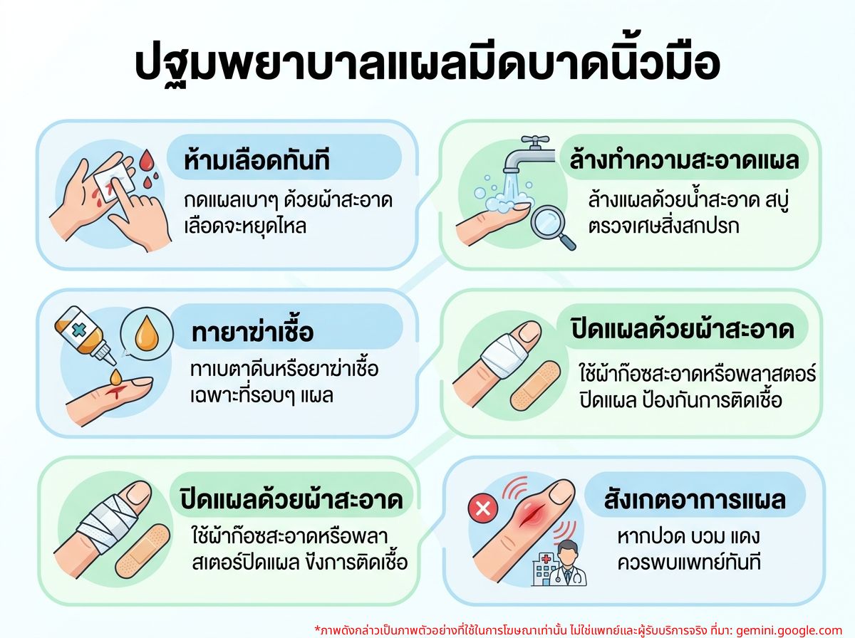 ผู้หญิงกำลังปฐมพยาบาลแผลมีดบาดที่นิ้วมือ
