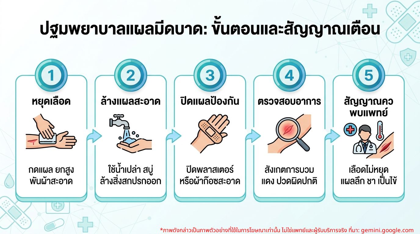 อินโฟกราฟิกแสดงขั้นตอนการปฐมพยาบาลแผลมีดบาดและสัญญาณเตือนที่ควรไปคลินิก
