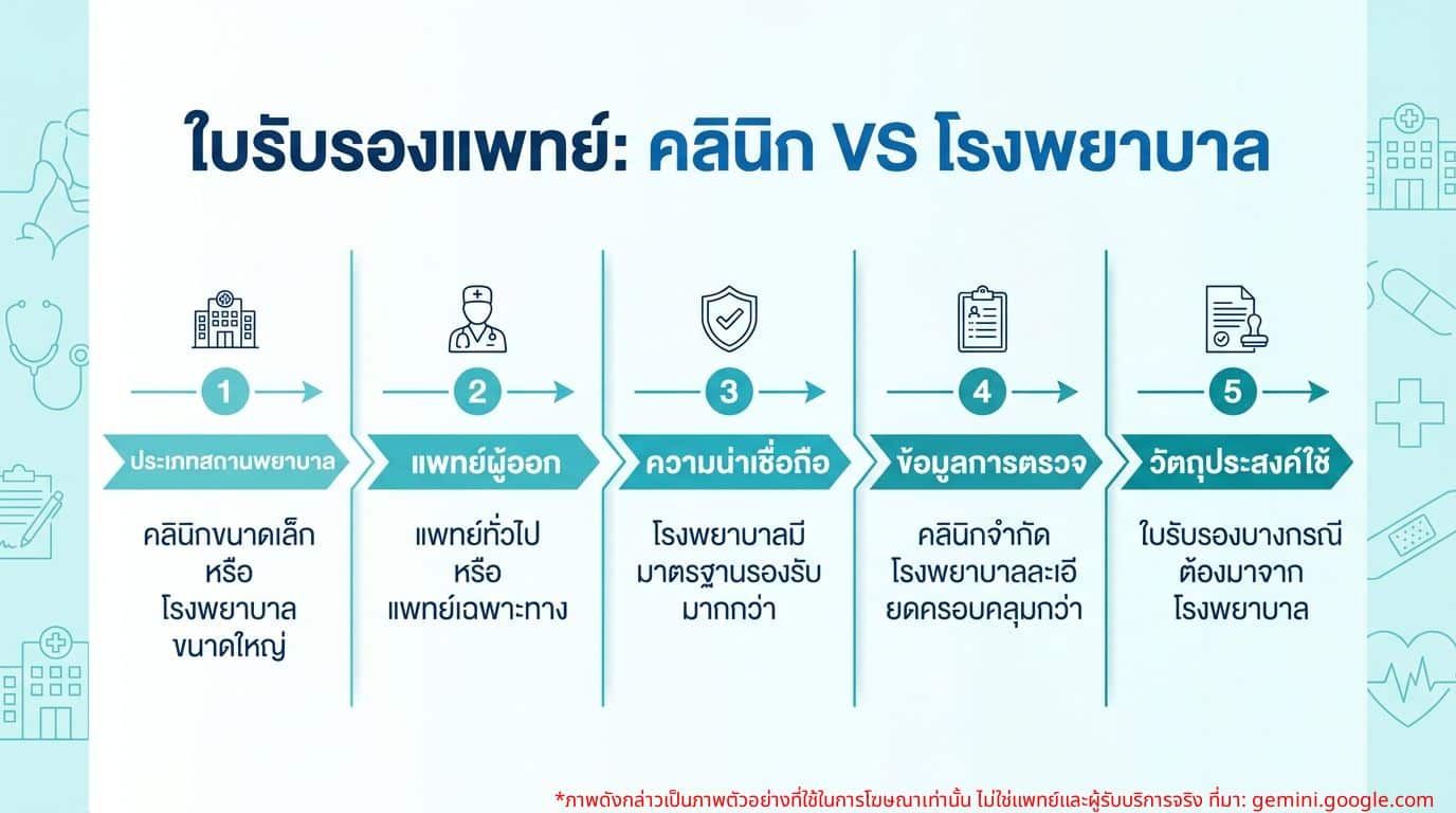 อินโฟกราฟิกแสดงข้อแตกต่างใบรับรองแพทย์จากคลินิกและโรงพยาบาล