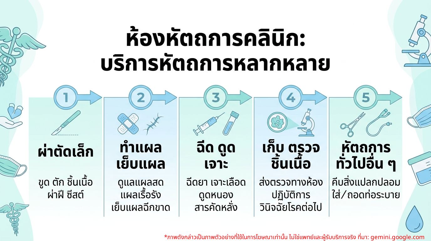 อินโฟกราฟิกแสดงประเภทของหัตถการที่ให้บริการในห้องหัตถการคลินิก
