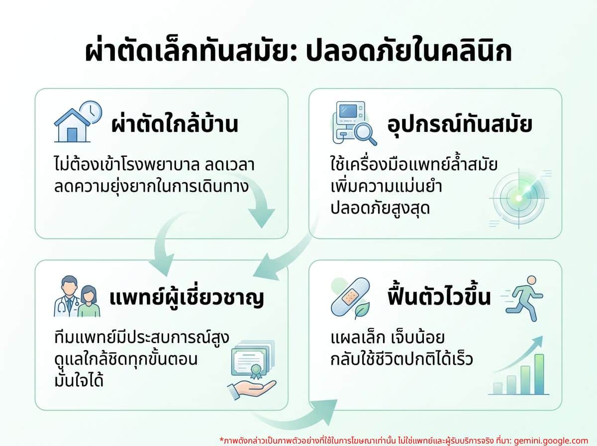 แพทย์กำลังทำการผ่าตัดเล็กในคลินิกด้วยอุปกรณ์ทันสมัย