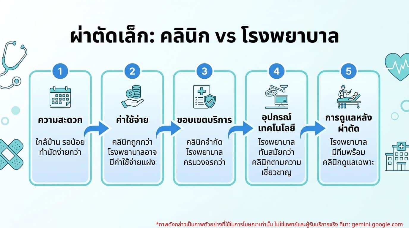 ตารางเปรียบเทียบการผ่าตัดเล็กระหว่างคลินิกและโรงพยาบาล