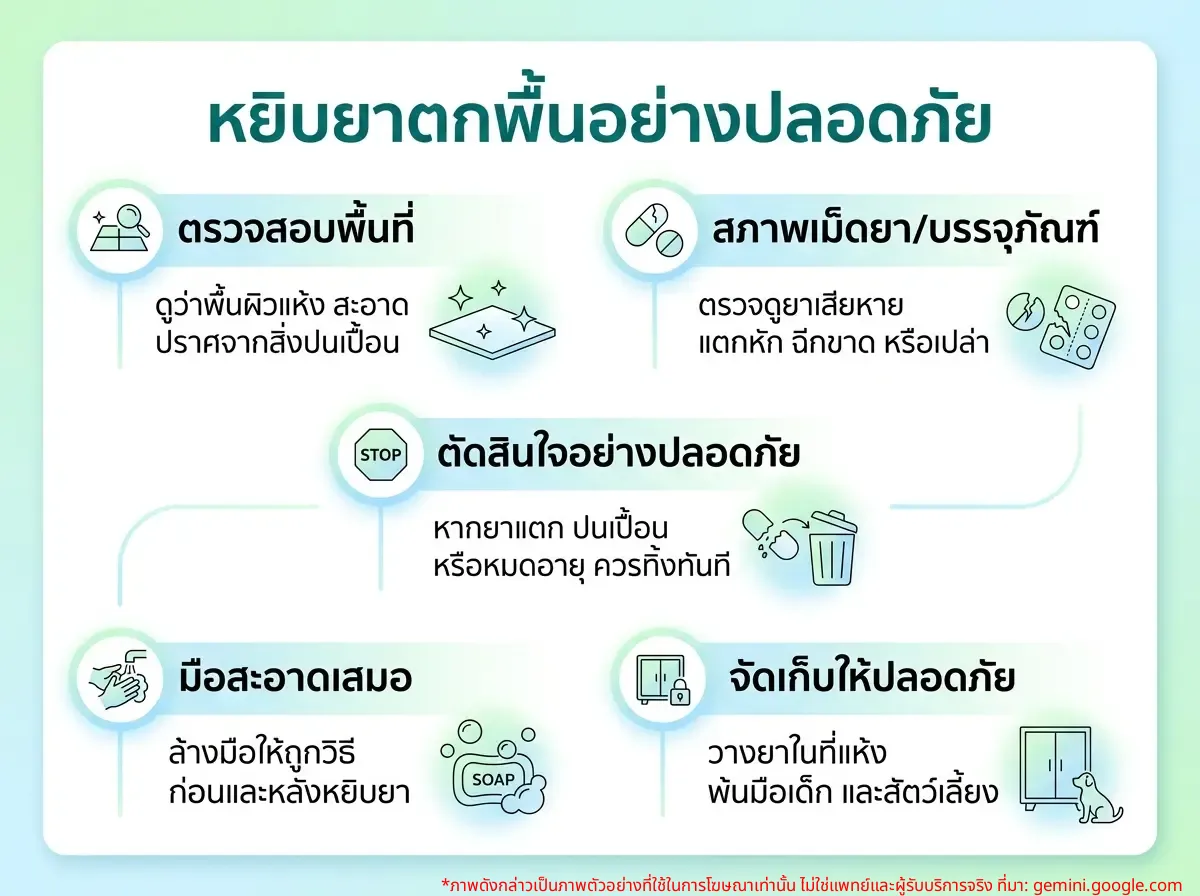 หญิงกำลังหยิบยาที่ตกพื้นขึ้นมา