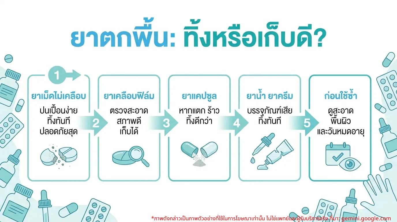 อินโฟกราฟิกแสดงประเภทของยาที่ควรทิ้งและยาที่พอจะพิจารณาเมื่อตกพื้น พร้อมสาเหตุ