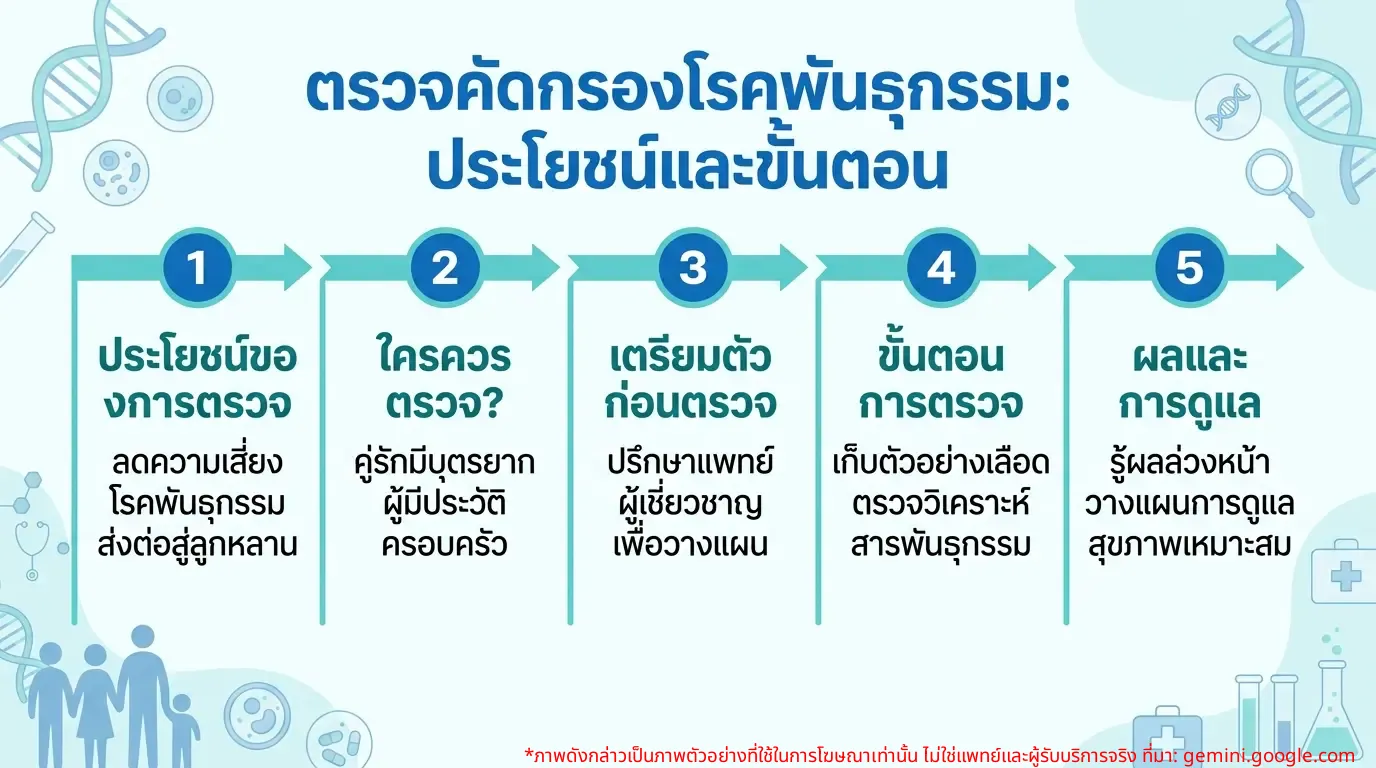 ภาพอินโฟกราฟิกแสดงประโยชน์และขั้นตอนการตรวจคัดกรองโรคทางพันธุกรรม