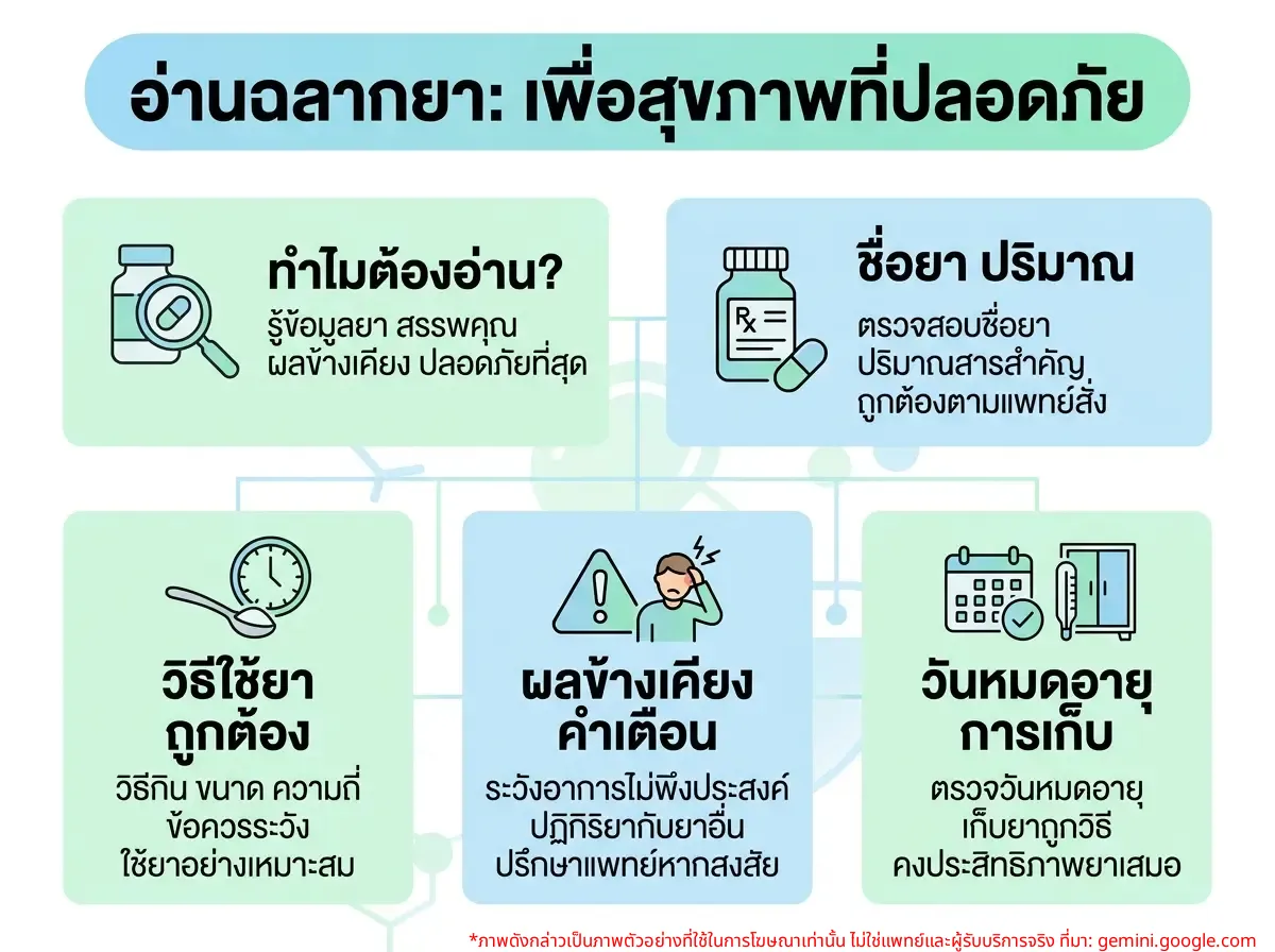 ผู้หญิงกำลังอ่านฉลากยาอย่างละเอียดและตั้งใจ