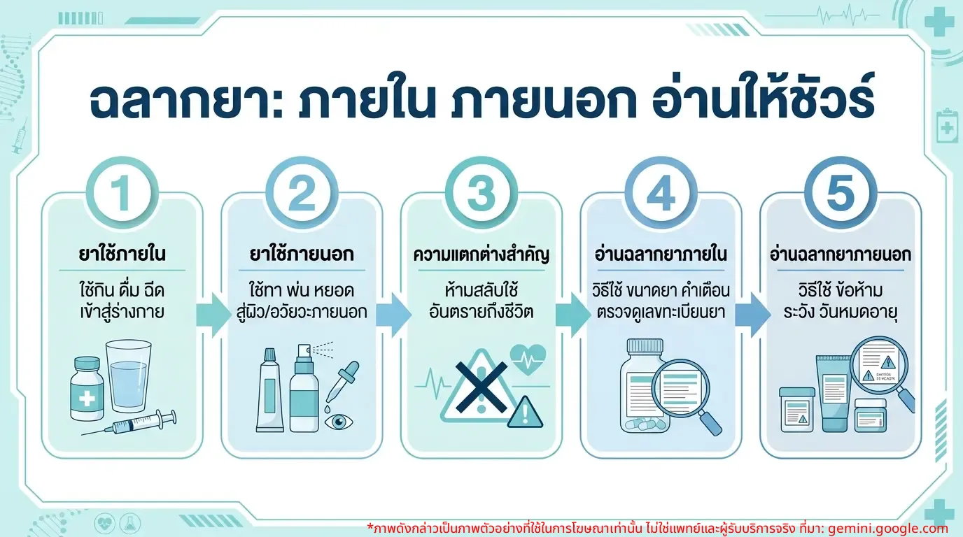 อินโฟกราฟิกความแตกต่างระหว่างยาใช้ภายในและยาใช้ภายนอกพร้อมวิธีอ่านฉลากยาที่ถูกต้อง
