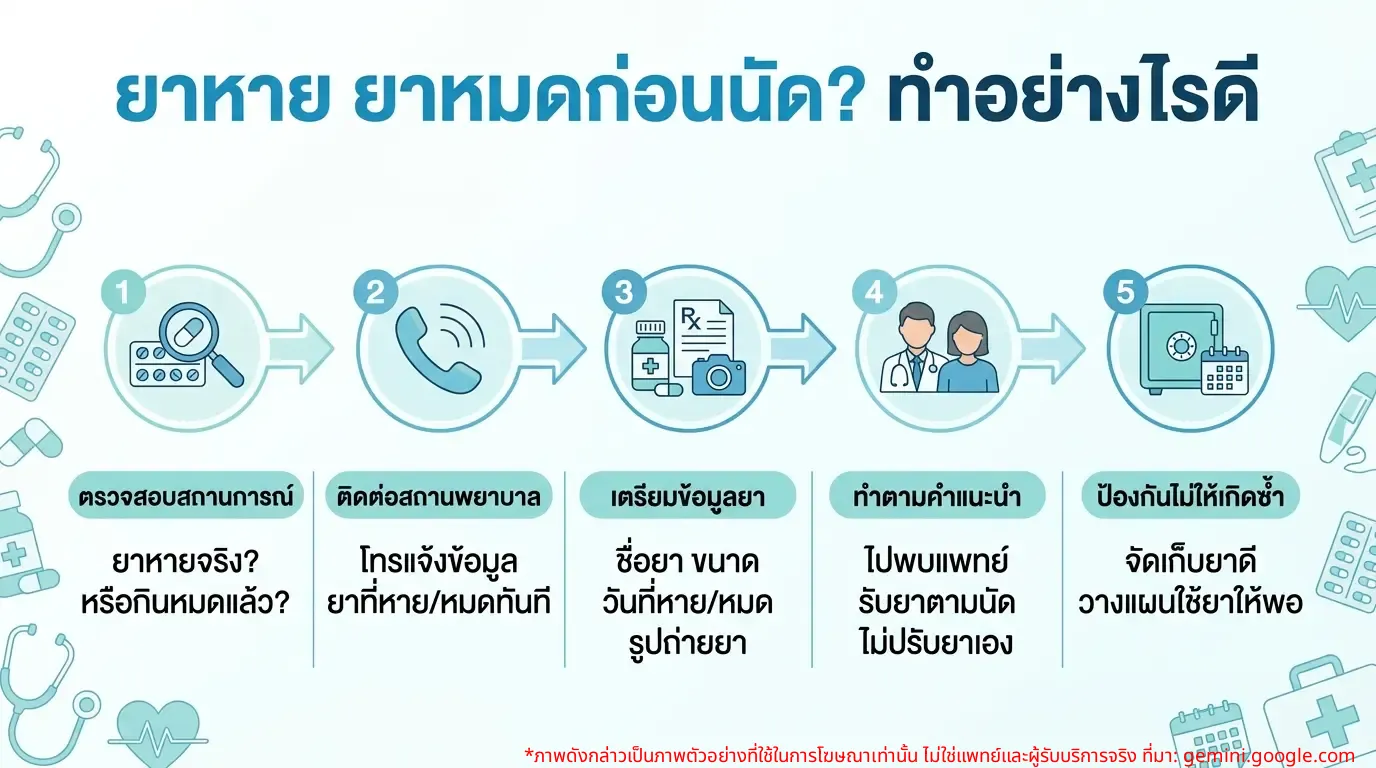 อินโฟกราฟิก: คู่มือปฏิบัติเมื่อยาหาย หรือยาหมดก่อนนัด