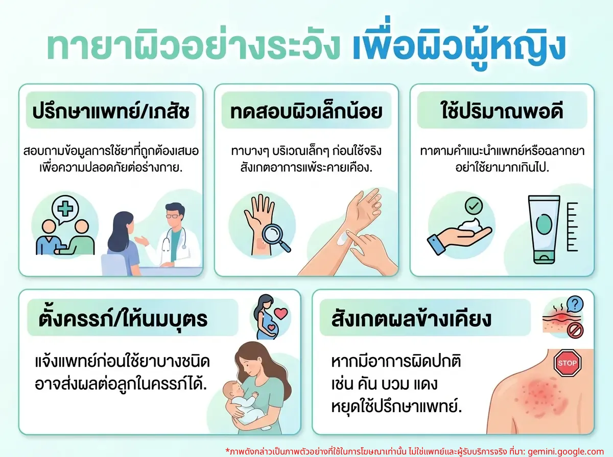 ผู้หญิงทายาที่ผิวหนังอย่างระมัดระวัง