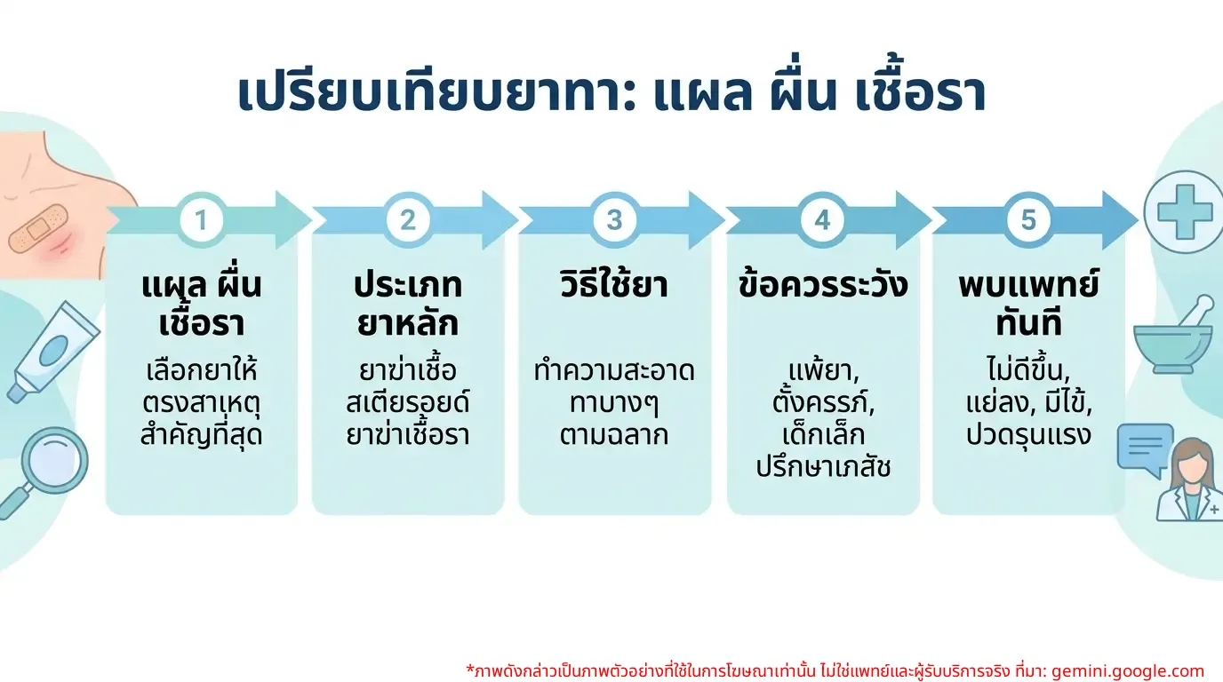 ตารางเปรียบเทียบยาทาภายนอกสำหรับแผล ผื่น และเชื้อรา การใช้งานและข้อควรระวัง