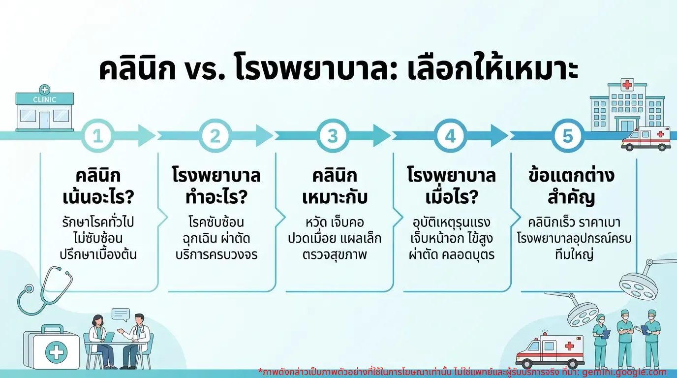 Infographic สรุปความแตกต่าง คลินิกกับโรงพยาบาล และอาการที่ควรไปแต่ละที่